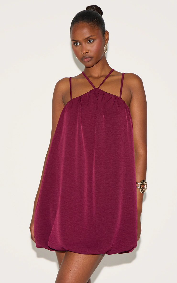 Wine Puff Ball Strappy Mini Dress