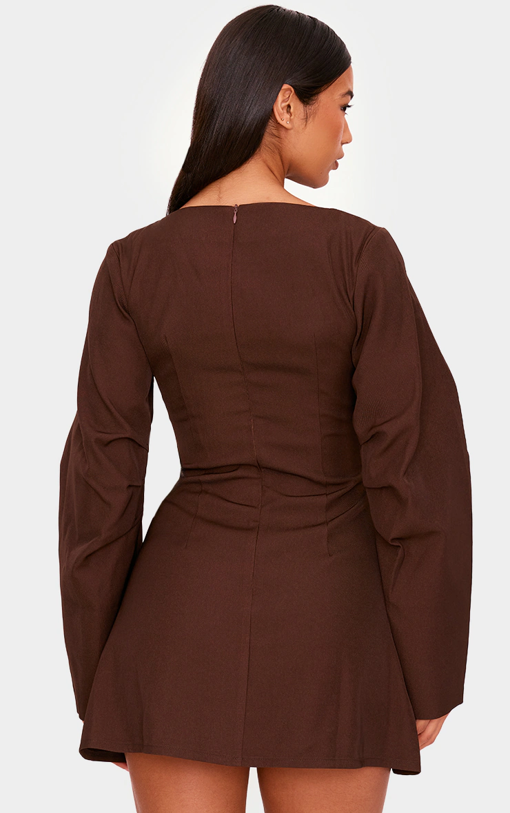 Chocolate Woven Twist Detail Balloon Sleeve Dress