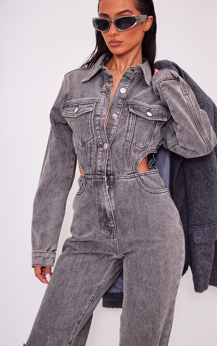 Petite Washed Grey Denim Cut Out Jumpsuit
