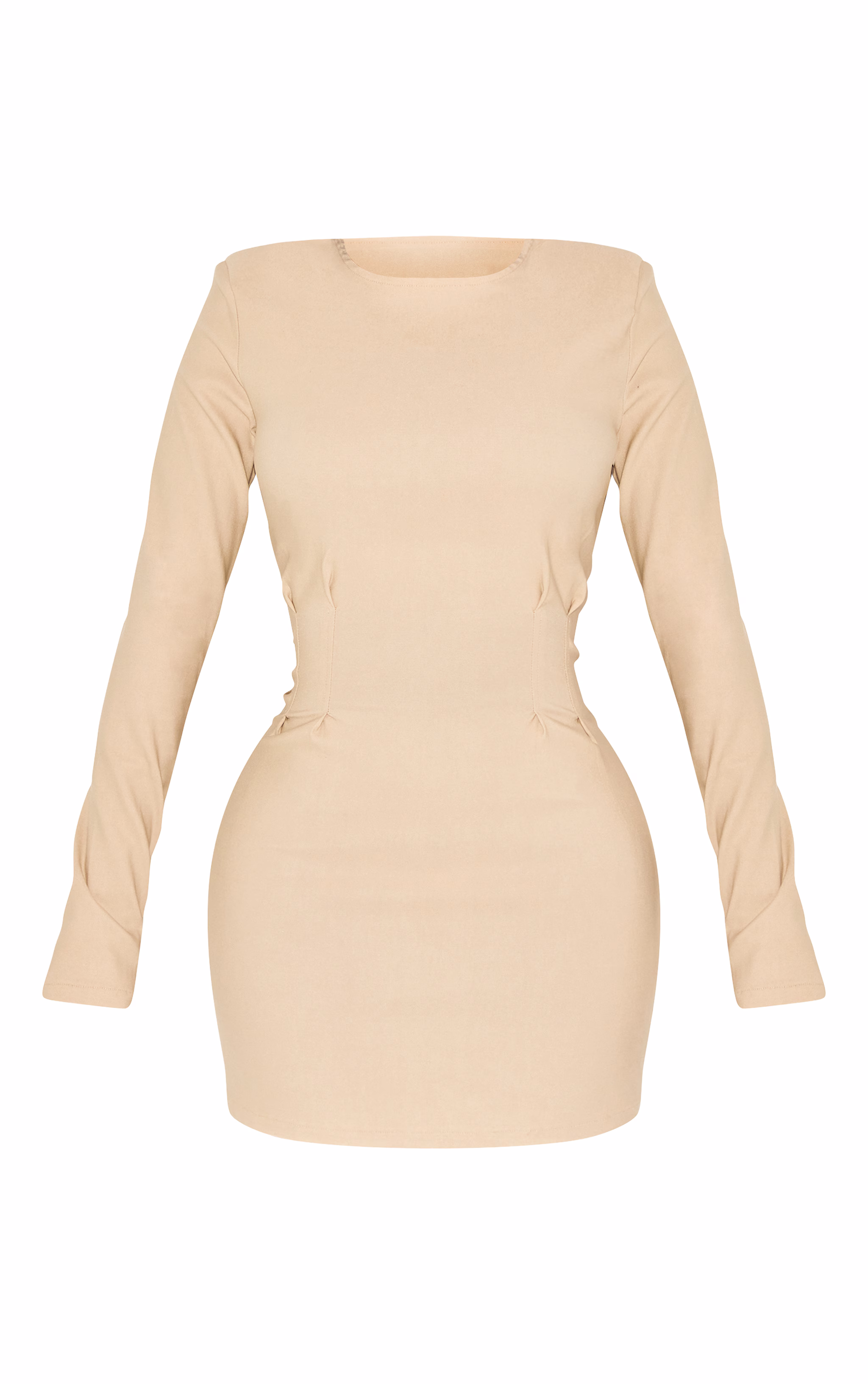 Shape Pebble Stretch Woven Cinched Waist Boat Neck Long Sleeve Mini Dress