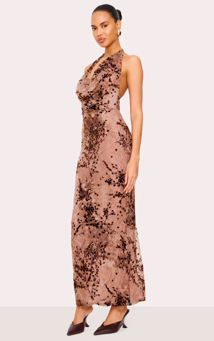 Brown Devore Cowl Neck Maxi Dress