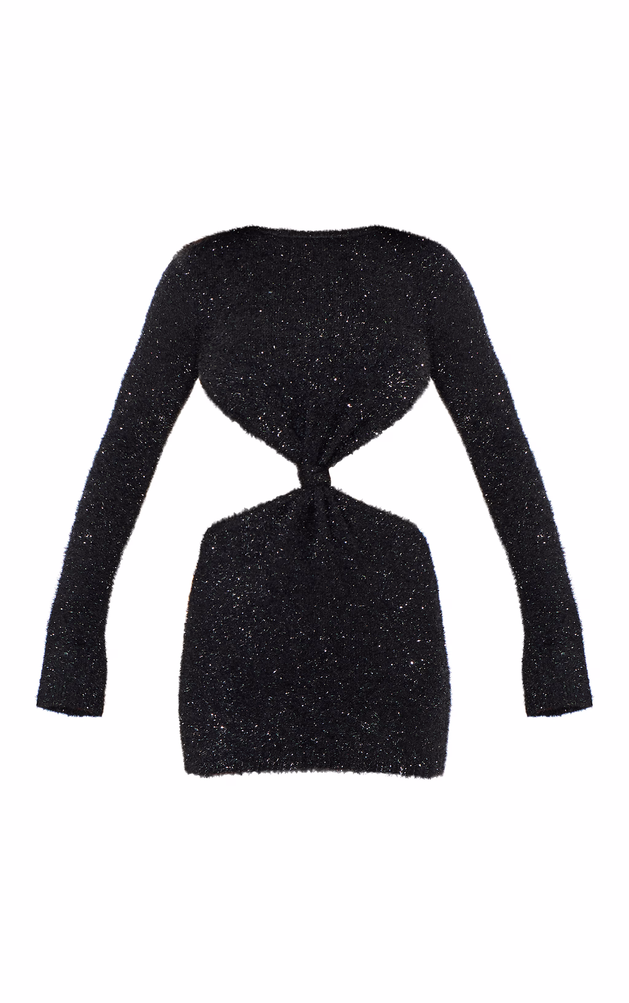 Black Tinsel Knit Twist Front Open Back Mini Dress
