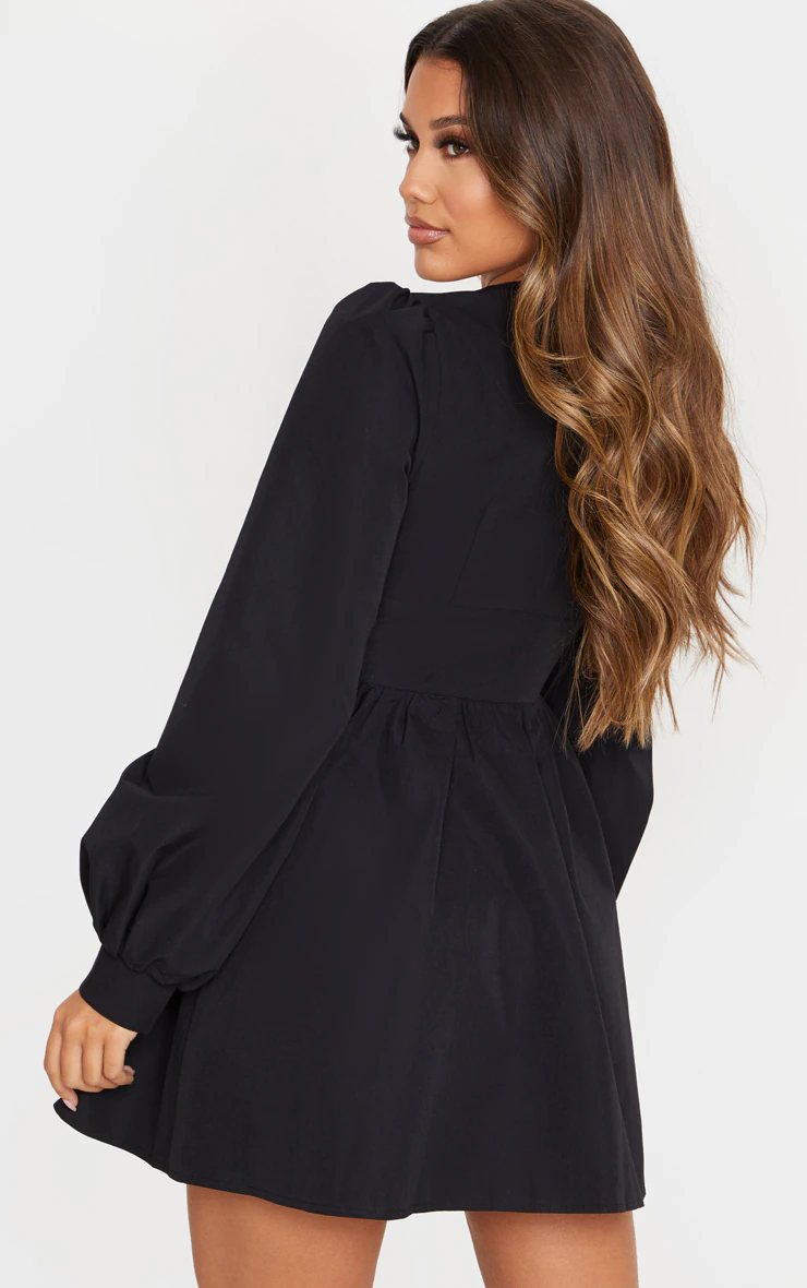 Black Button Front Fitted Puff Sleeve Skater Dress