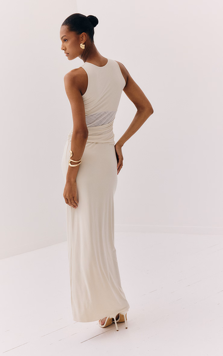 Almond Slinky Mesh Cut Out Maxi Dress