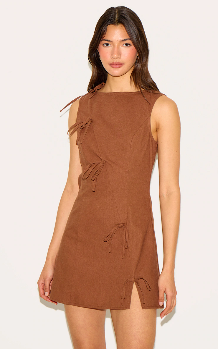 Chestnut Woven Asymmetric Bow Detail Shift Dress