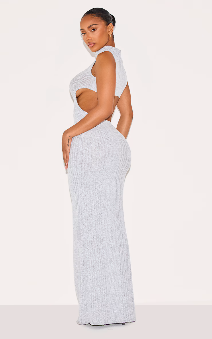 Shape Silver Brushed Rib High Neck Open Back Maxi Dress