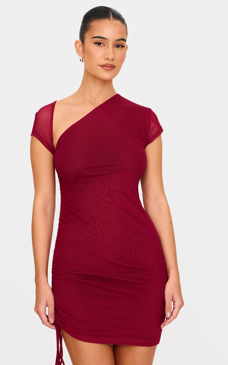 Burgundy Double Layered Mesh Ruched Mini Dress