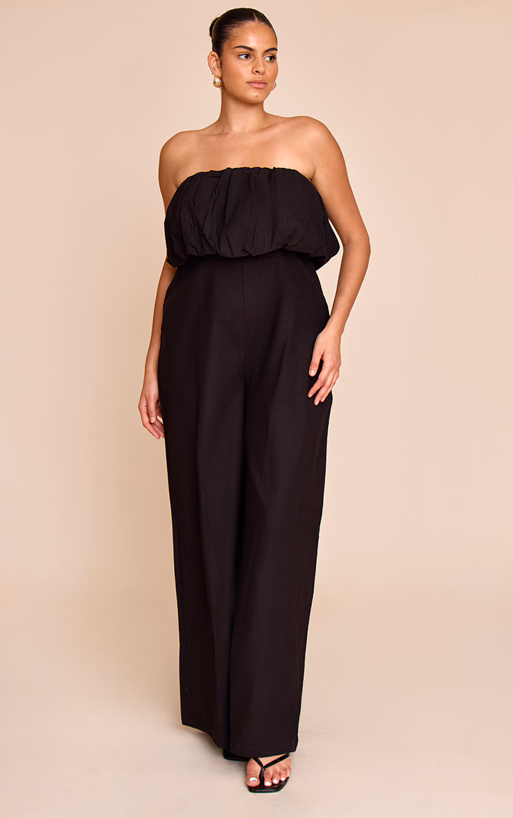 Plus Black Textured Puffball Bandeau Straight Leg Jumpsuit
