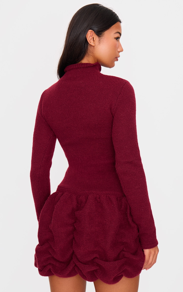 Burgundy High Neck Knitted Puffball Mini Dress