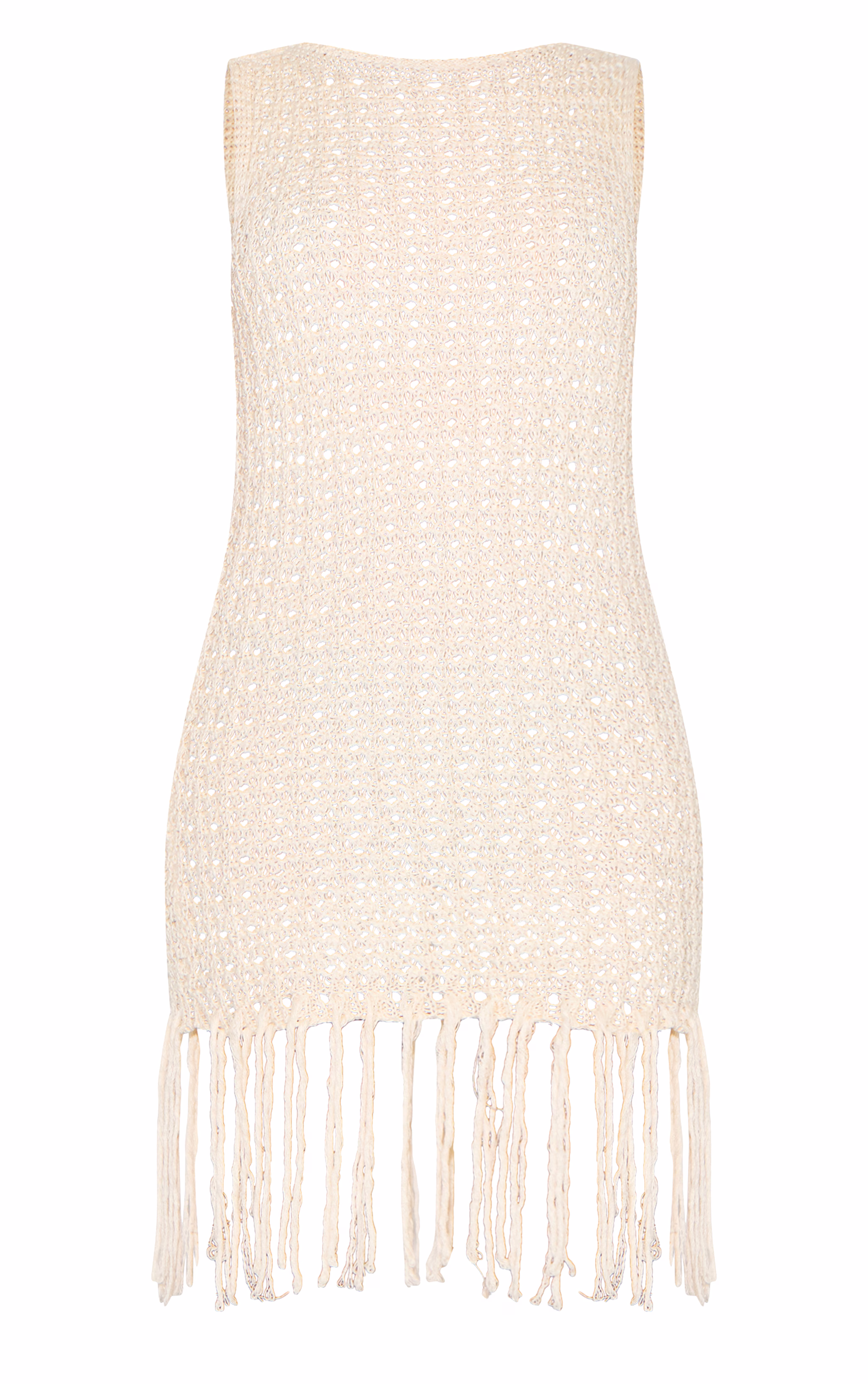 Petite Cream Crochet Boat Neck Tassle Mini Dress