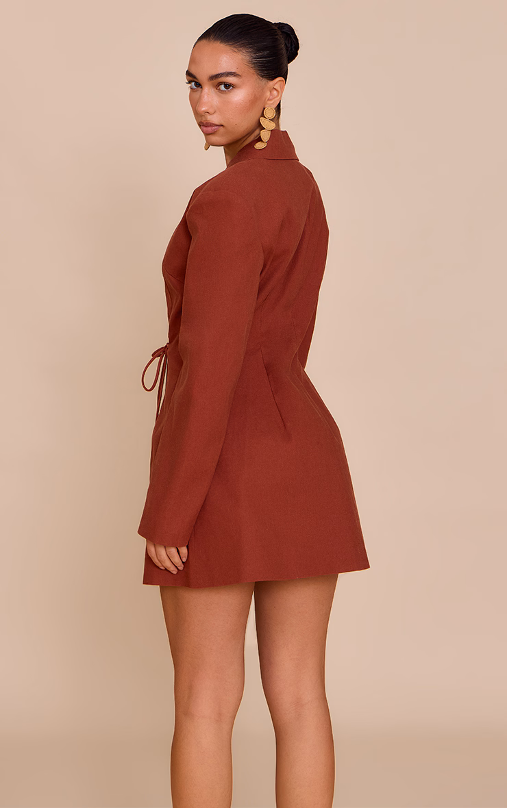 Rust Linen Blend Tie Detail Blazer Dress