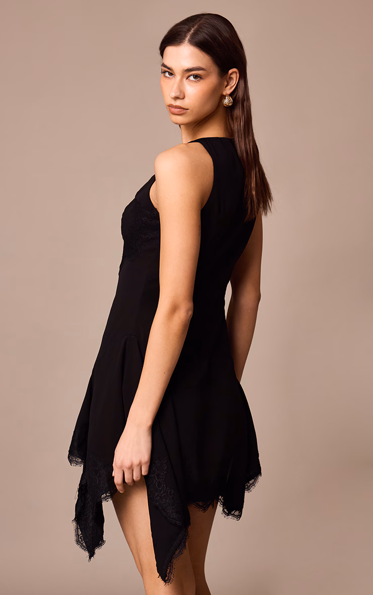 Black Chiffon Sheer Lace Trim Plunge Bodycon Dress