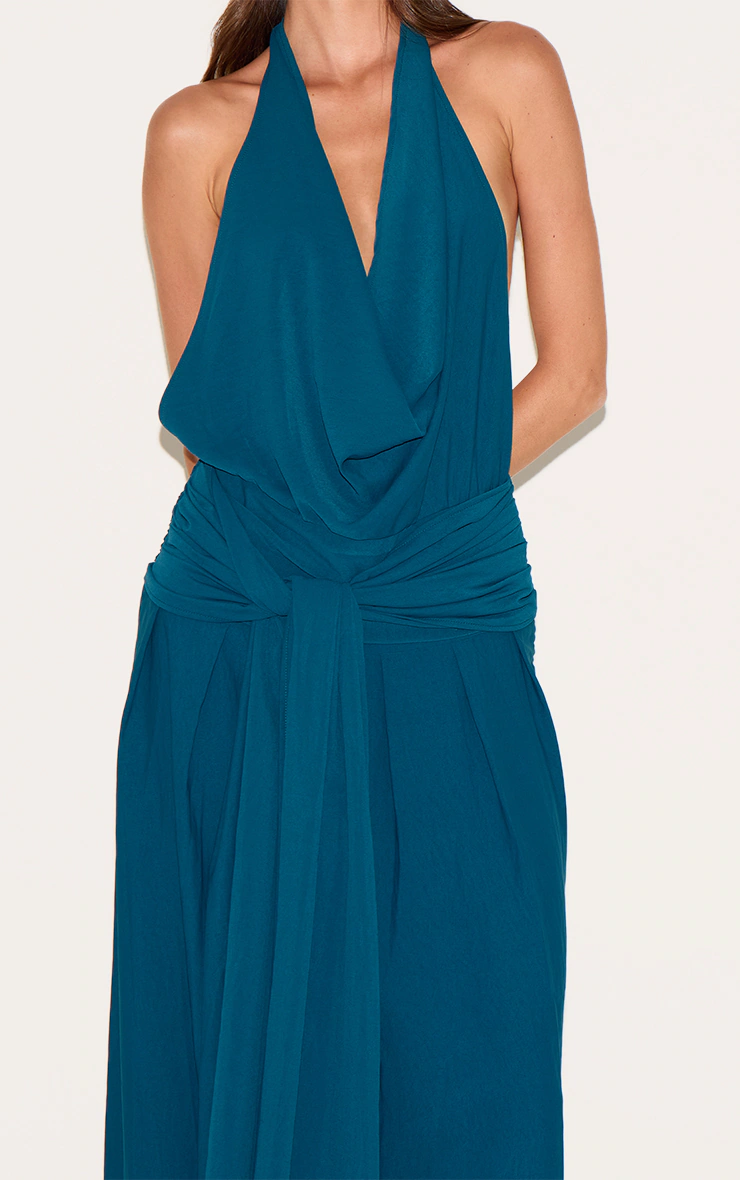 Teal Floaty Woven Cowl Neck Low Back Maxi Dress