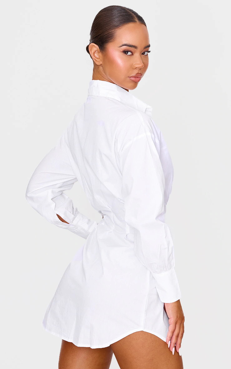 White Fitted Waist Long Sleeve Button Shirt Dress