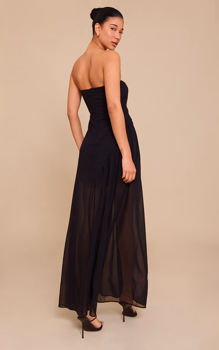 Black Double Layer Mesh Bandeau Asymmetric Ruching Maxi Dress