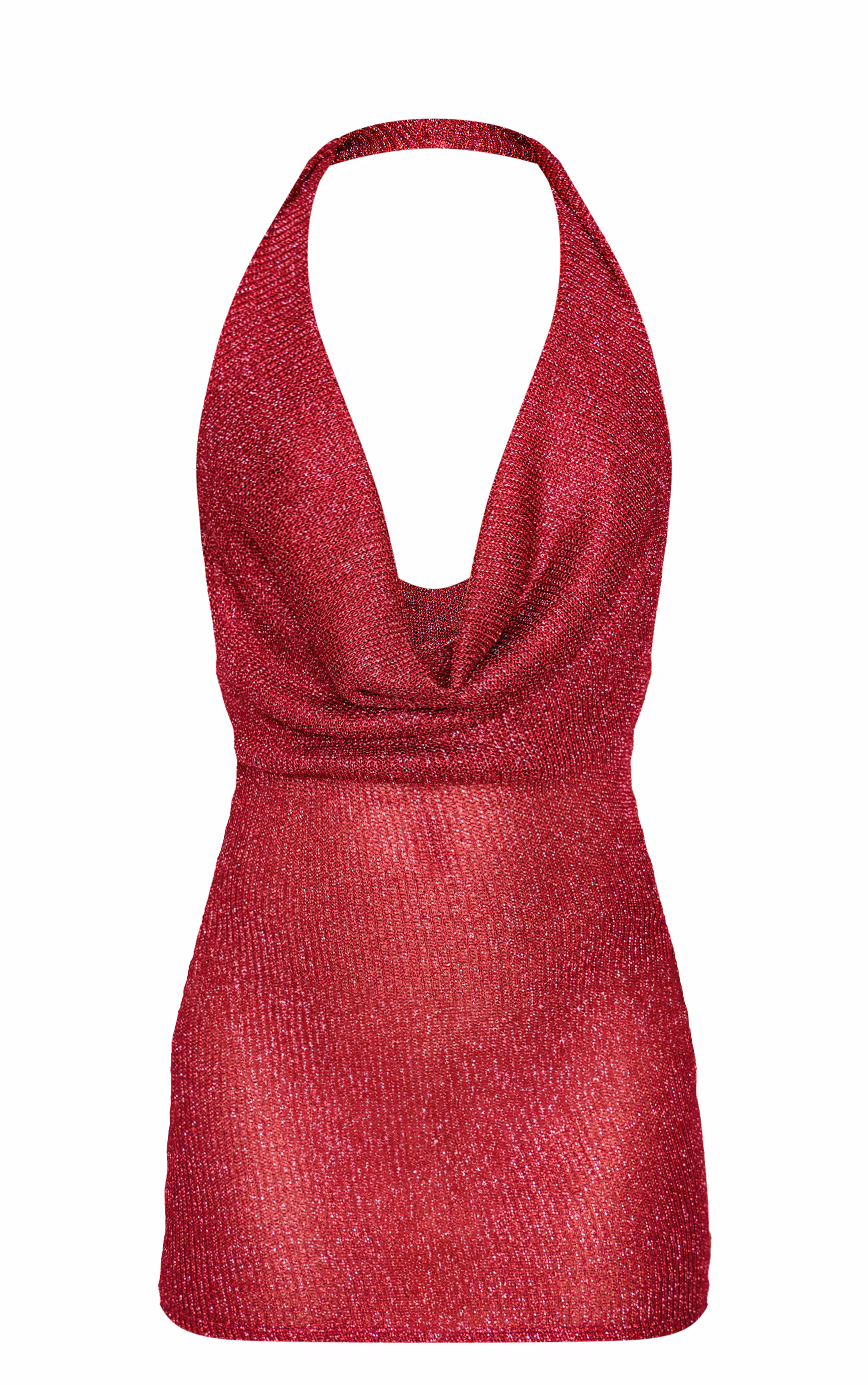 Cherry Red Metallic Ribbed Cowl Neck Mini Dress