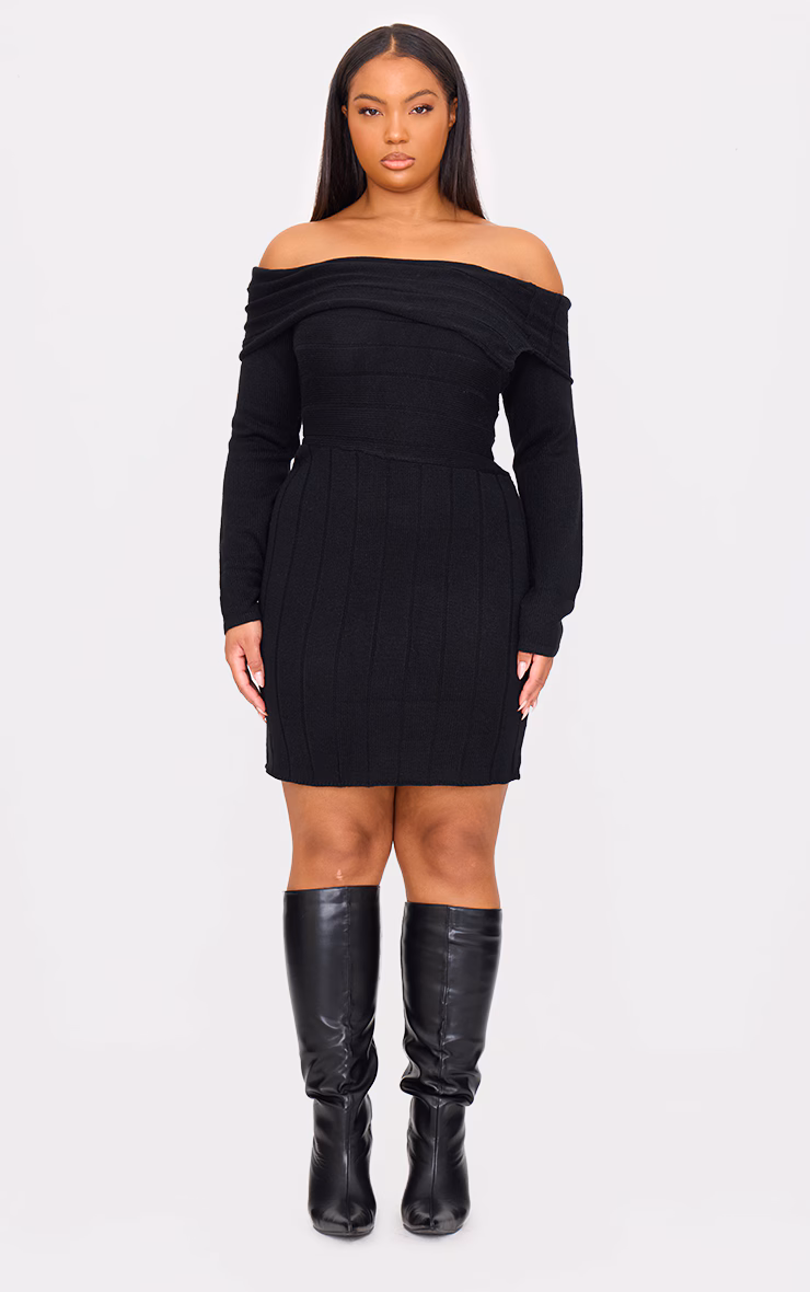 Plus Black Asymmetric Knit Fold Over Mini Dress