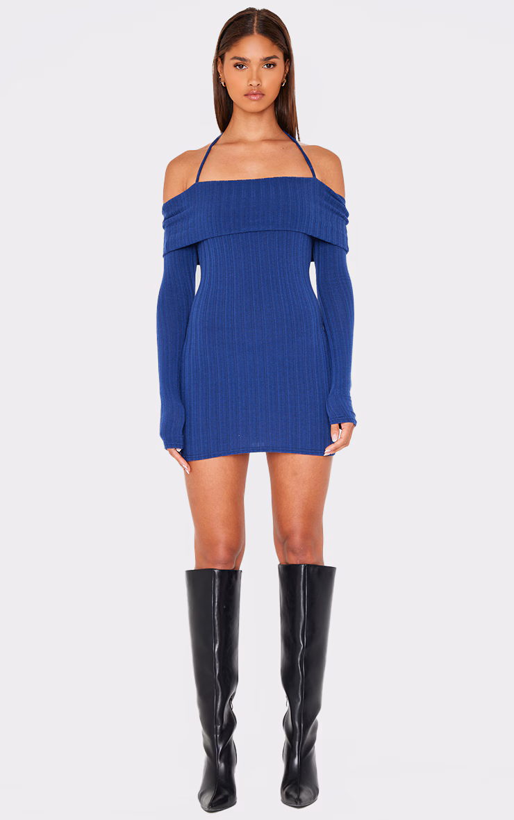 Navy Rib Bardot Fold Over Bodycon Dress