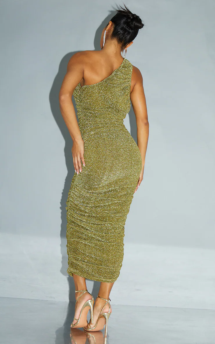 Gold Glitter Plisse Ruched One Shoulder Midi Dress