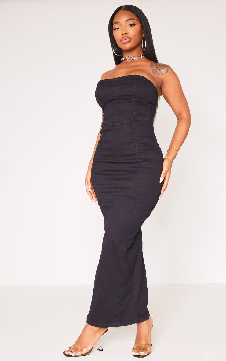 Shape Black Denim Seam Detail Split Back Midaxi Dress