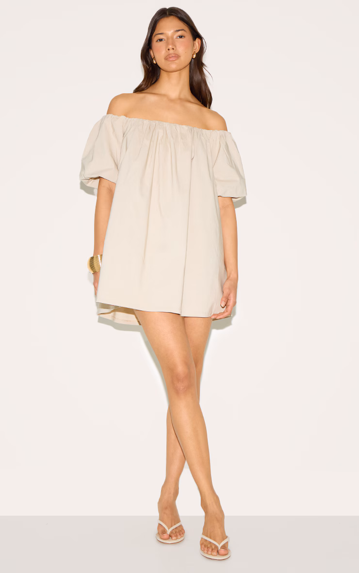 Stone Bardot Puff Sleeve Shift Dress