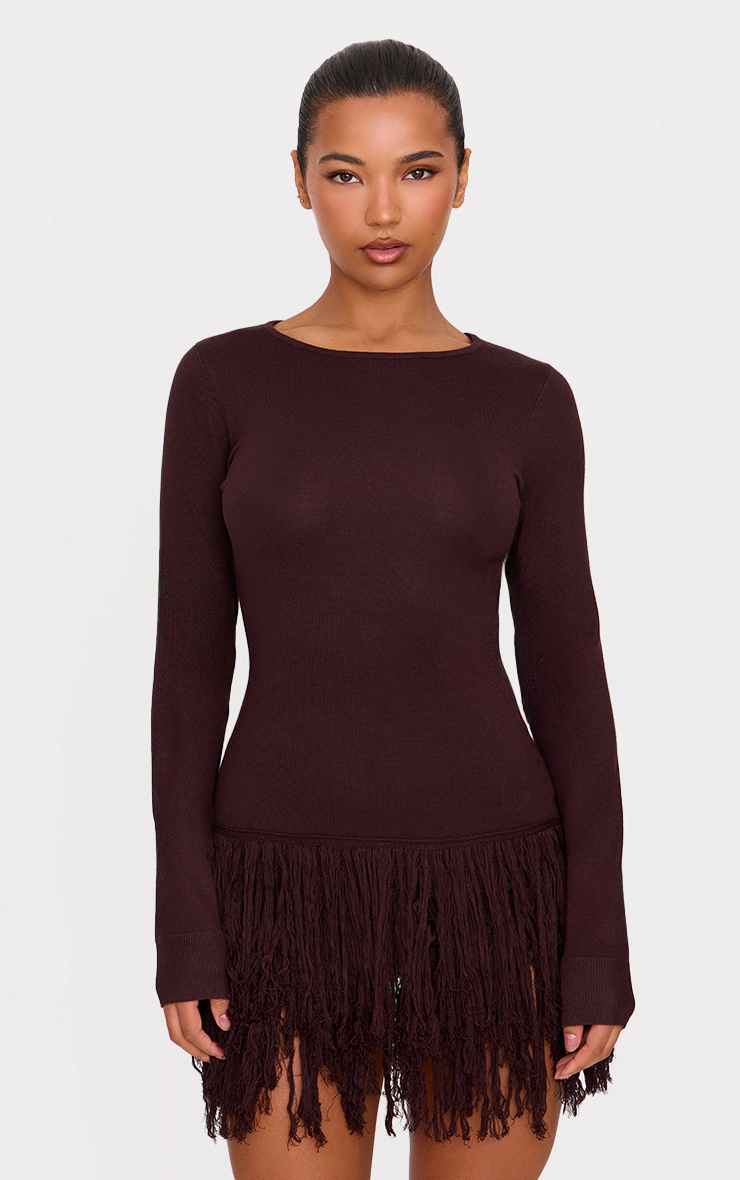 Cappuccino Fine Knit Fringe Hem Long Sleeve Micro Mini Dress