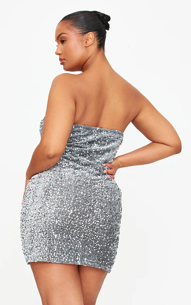 Plus Grey Sweetheart Neckline Velour Sequin Mini Dress