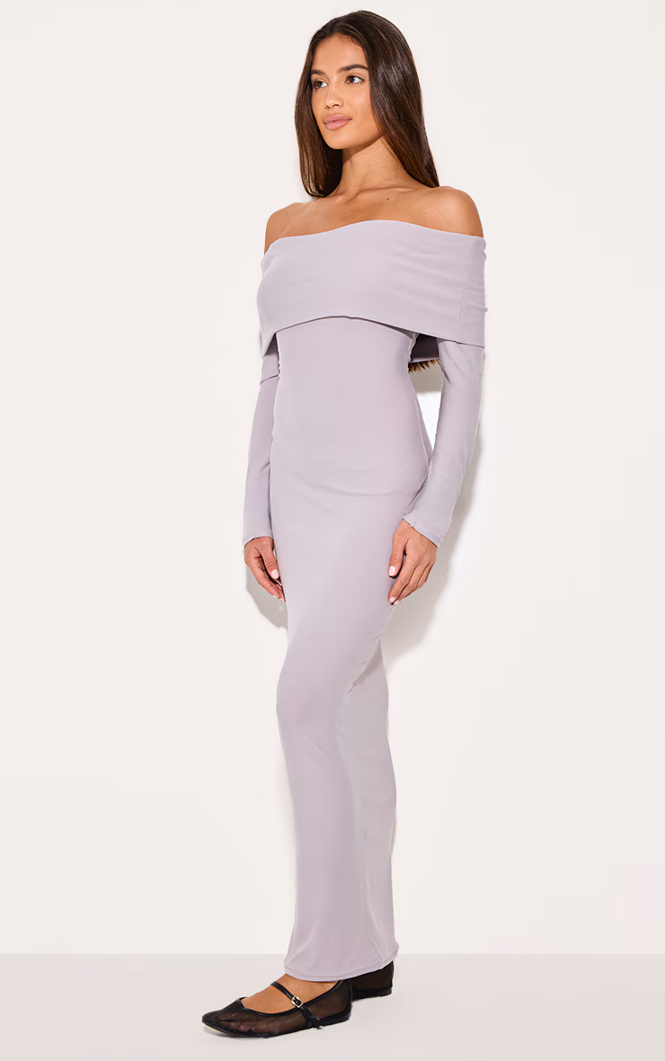 Light Grey Soft Touch Bardot Long Sleeve Maxi Dress