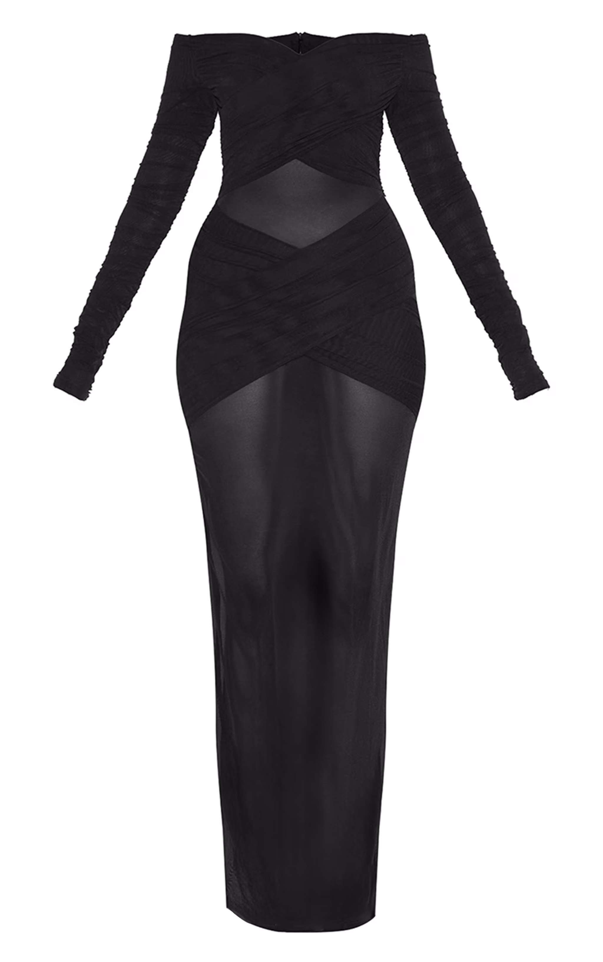 Black Bandage Mesh Bardot Layered Ruched Maxi Dress
