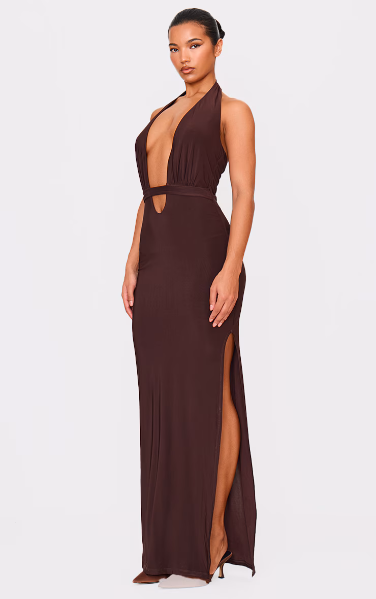 Chocolate Double Layer Skinky Wrap Waist Maxi Dress