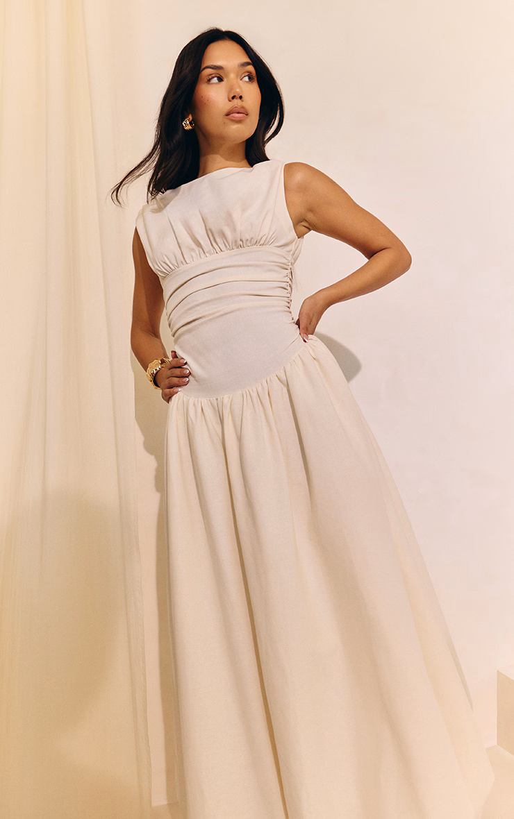 Cream Boat Neck Ruched Detail Puffball Maxi Dress