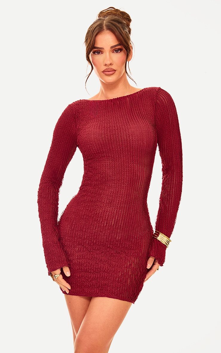 Burgundy TextuBurgundy Backless Tie Bodycon Dress
