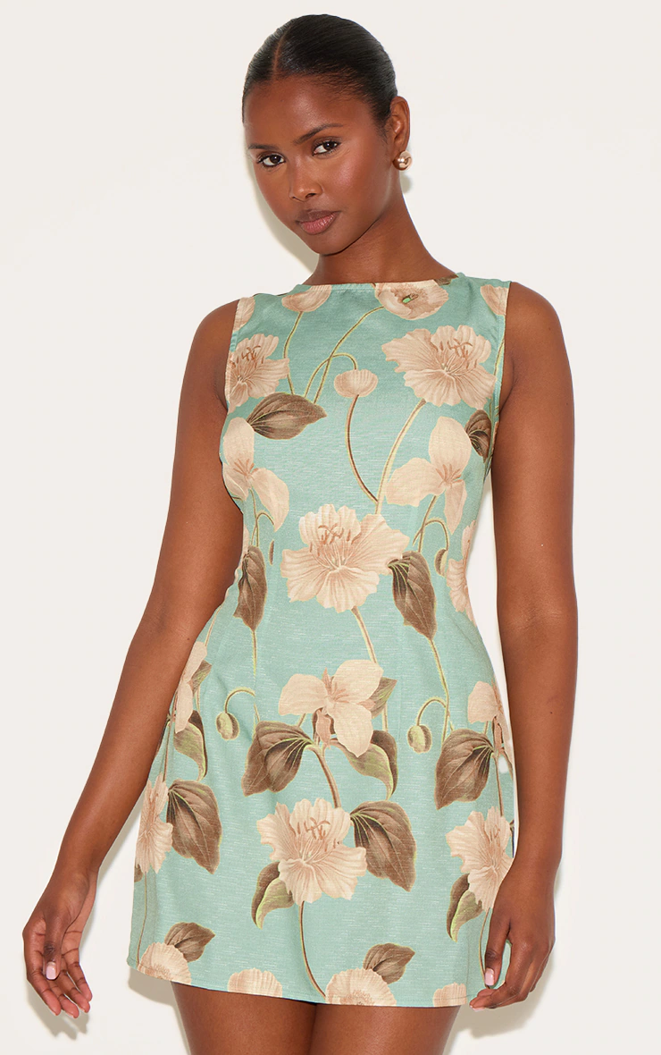 Green Boat Neck Linen Shift Dress