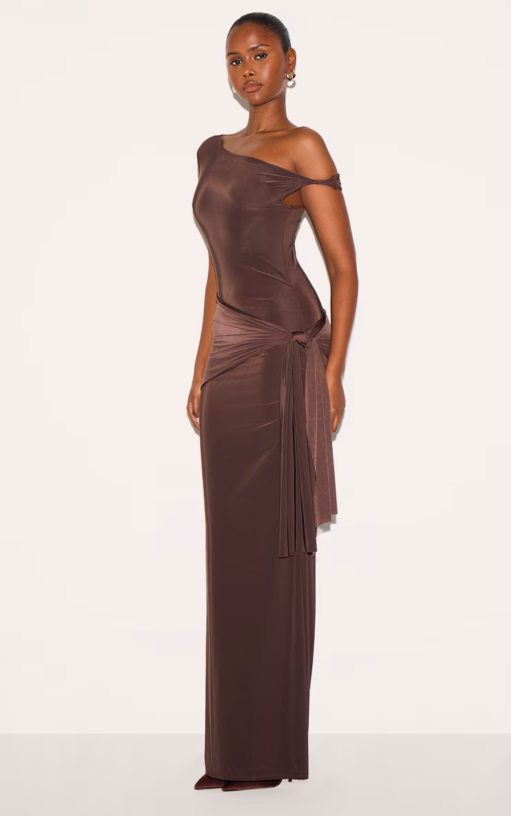 Chocolate Slinky Off Shoulder Wrap Detail Maxi Dress