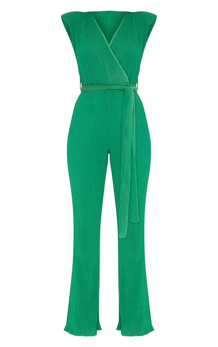 Bright Green  Pleated Shoulder Pad Flared Leg Jumpsuit