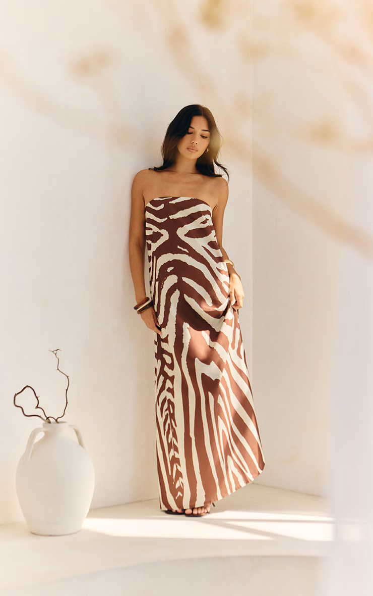 Tan Zebra Abstract Print Woven Bandeau Maxi Dress