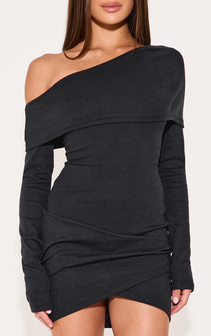 Black Rib Bardot Wrap Mini Dress