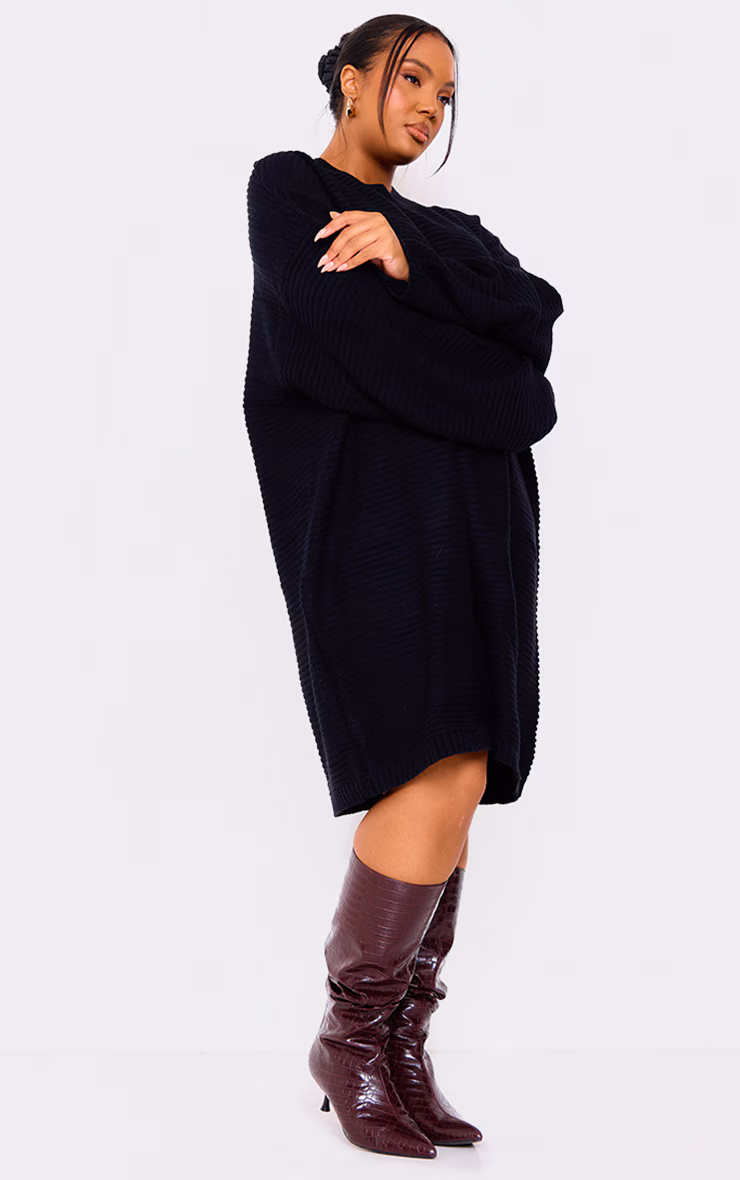 Plus Black Knitted High Neck Rib Sweater Dress