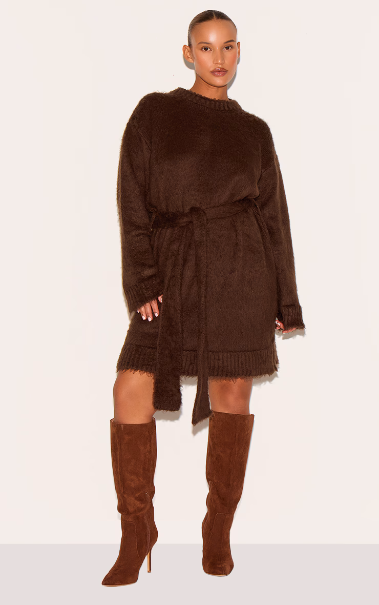 Plus Chocolate Belted Eyelash Knit Mini Dress