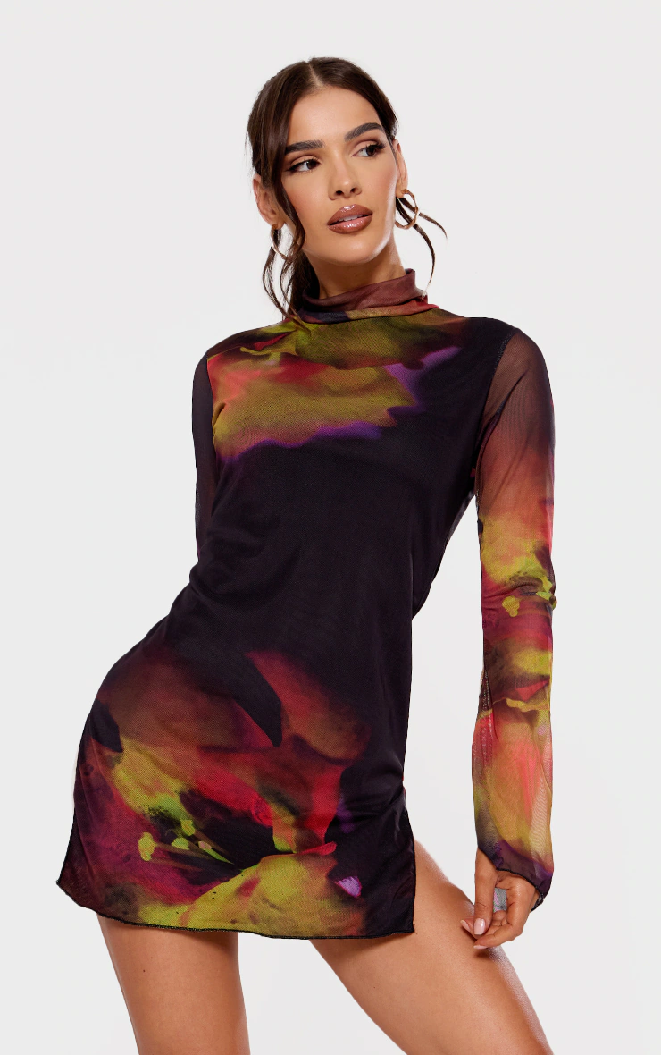 Black Abstract Print High Neck Flared Sleeve Shift Dress