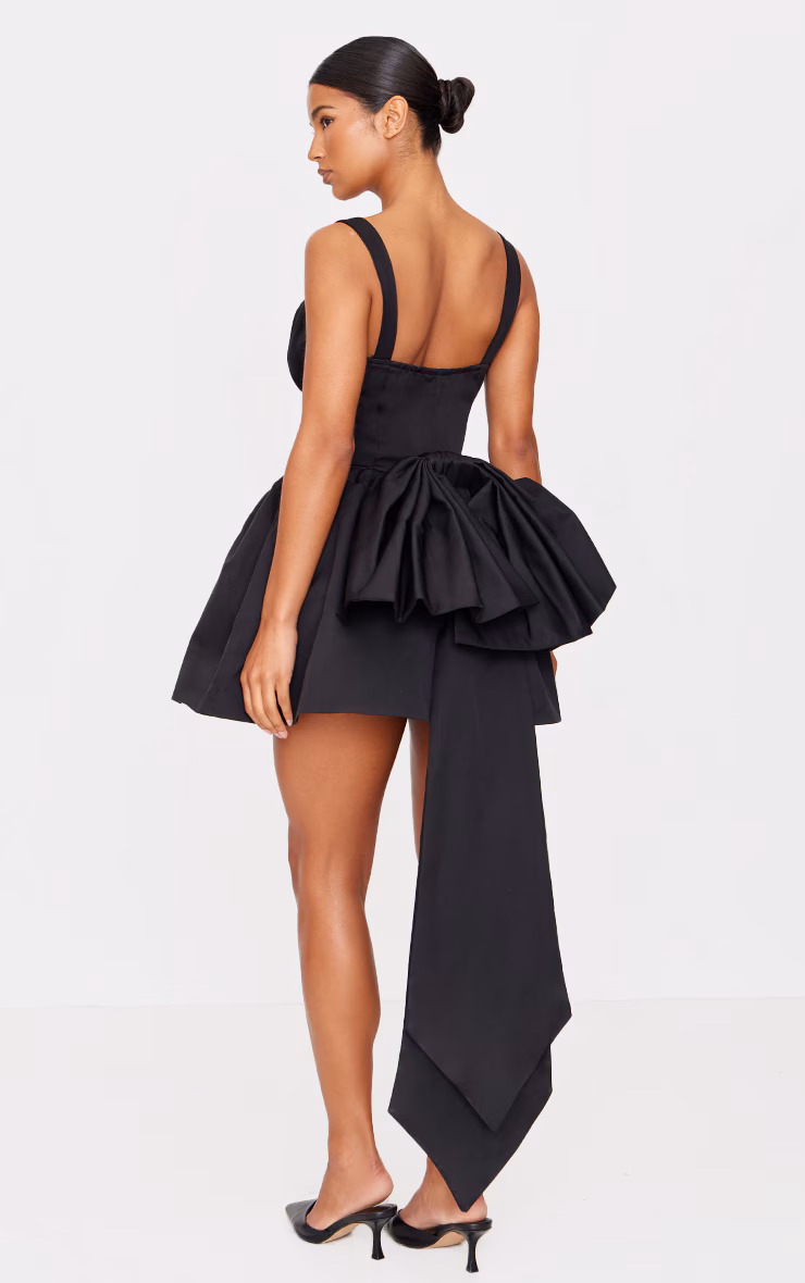 Premium Black Woven Bow Corset Detail Skater Dress