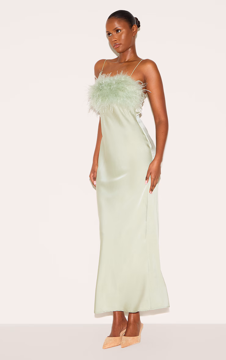 Sage Satin Feather Bust Detail Strappy Maxi Dress