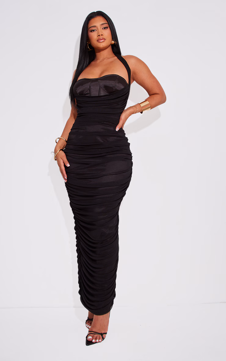 Shape Black Corset Detail Ruched Mesh Maxi Dress