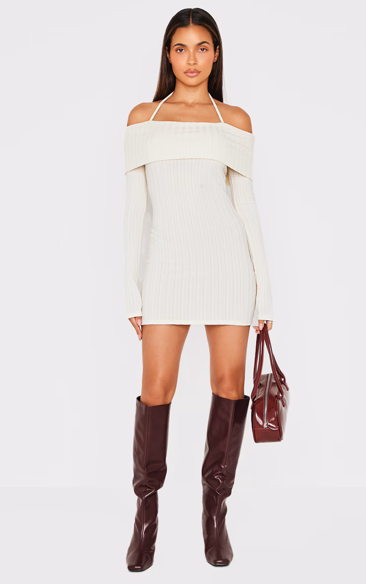 Cream Rib Bardot Fold Over Bodycon Dress