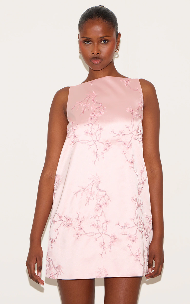 Pastel Pink Floral Embroidered A-line Mini Shift Dress