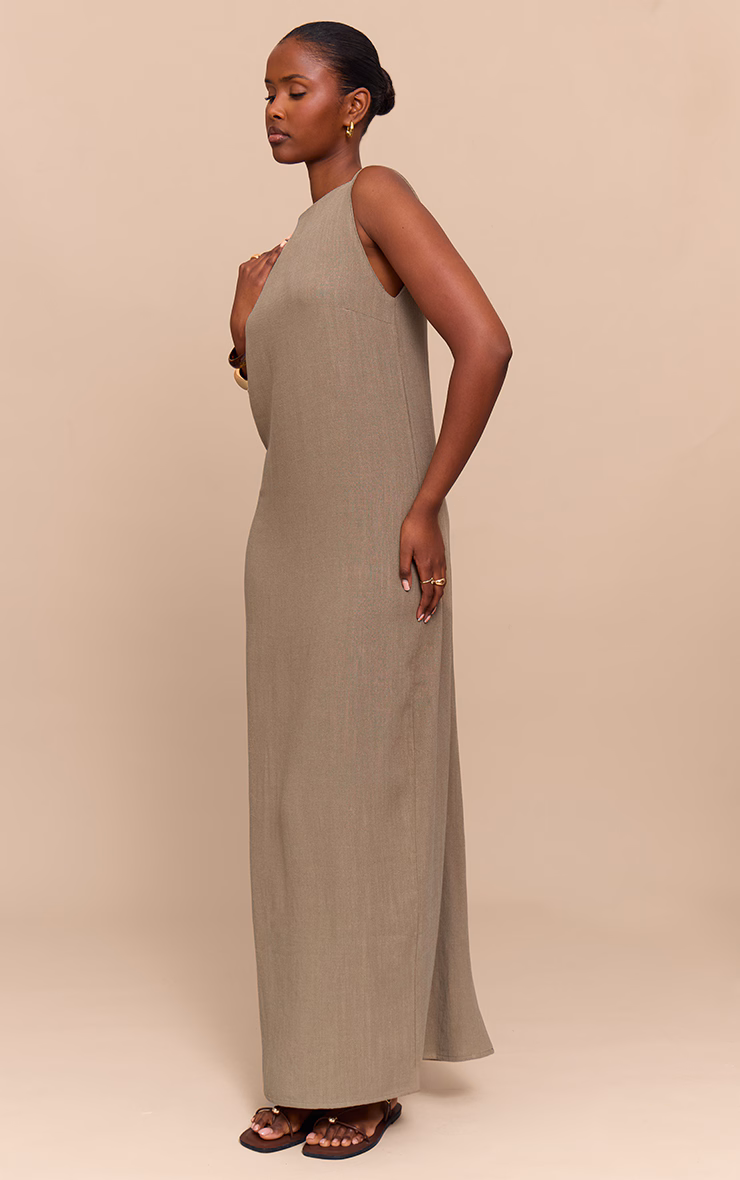 Khaki Textured Boat Neck Low Back Maxi Dress
