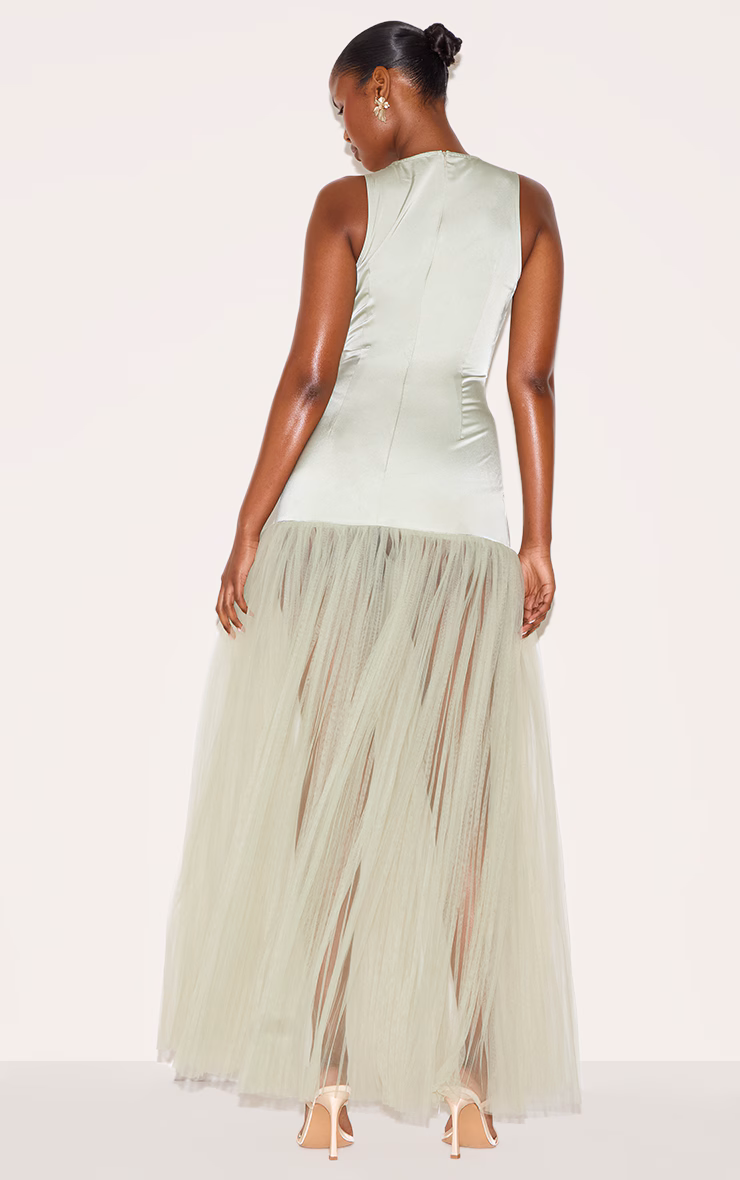 Sage Green Scoop Neck Drop Waist Maxi Dress