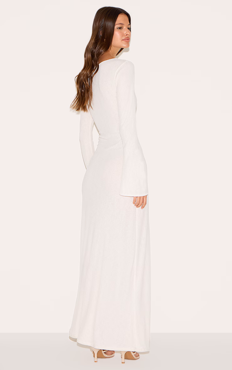 White Textured Boat Neck Long Sleeve Bodycon Maxi Dress