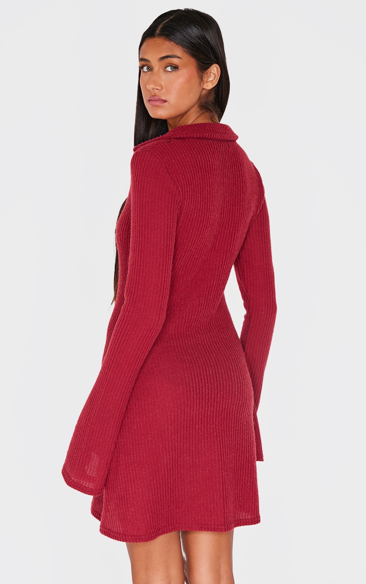 Burgundy Waffle Textured Long Sleeve Shift Dress