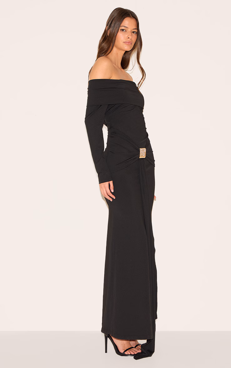 Black Bardot Long Sleeve Trim Drape Detail Maxi Dress